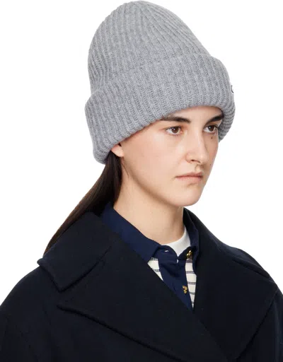 Ganni Gray Oversized Wool Rib Knit Beanie In Gray