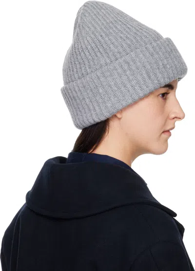 Ganni Gray Oversized Wool Rib Knit Beanie In Gray