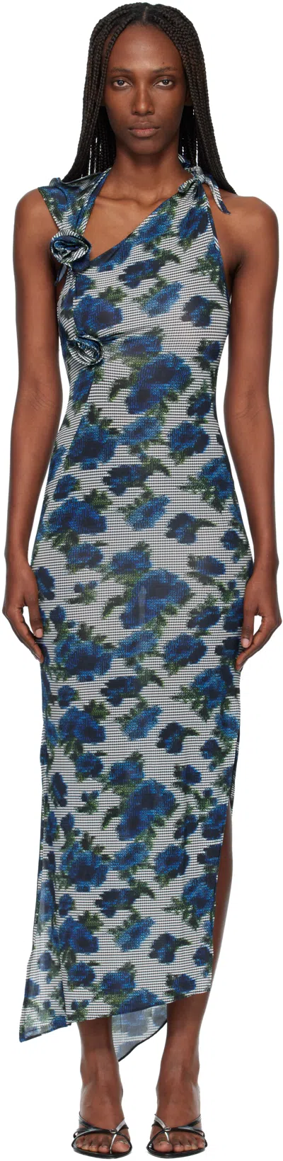 Coperni Navy Flower Midi Dress In Blue