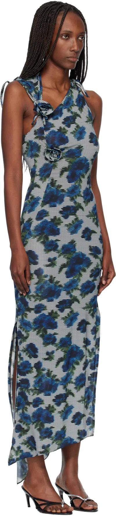 Coperni Navy Flower Midi Dress In Blue