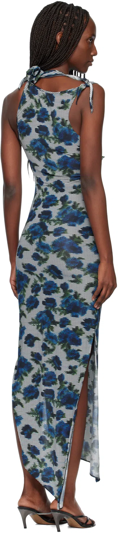 Coperni Navy Flower Midi Dress In Blue