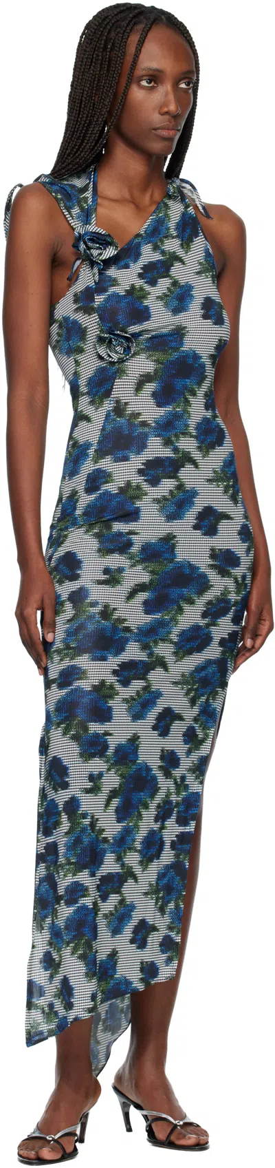Coperni Navy Flower Midi Dress In Blue