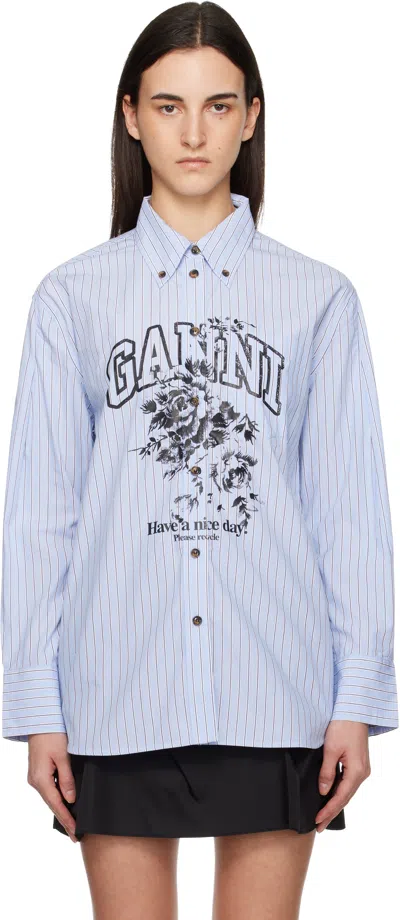 Ganni Striped Cotton Shirt With Print In Blue