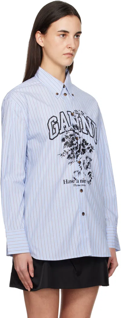 Ganni Striped Cotton Shirt With Print In Blue