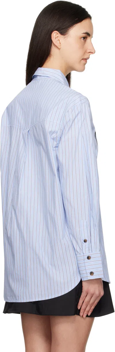 Ganni Striped Cotton Shirt With Print In Blue