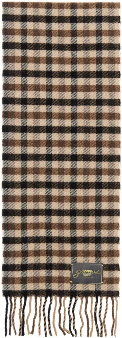 Ganni Brown Graphic Wool Scarf In Brown
