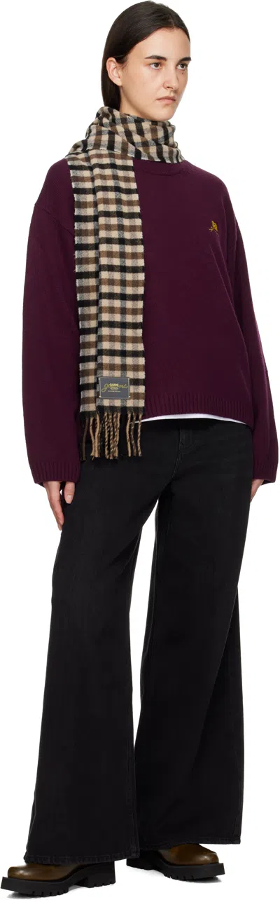 Ganni Brown Graphic Wool Scarf In Brown