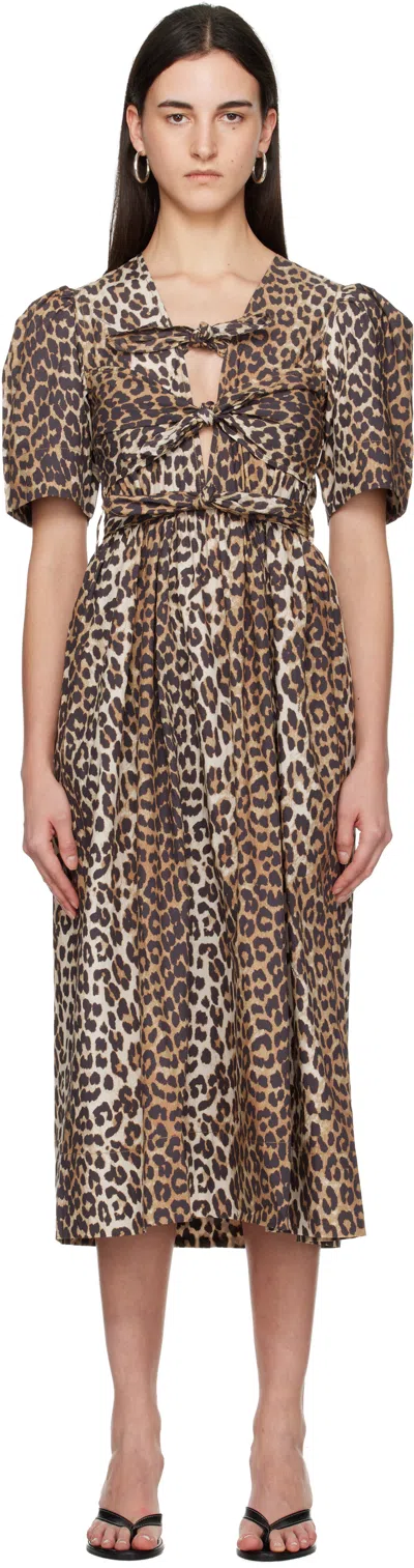 Ganni Brown Leopard Printed Cotton Midi Dress In Brown
