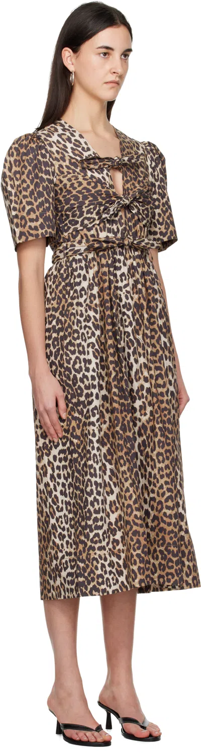 Ganni Brown Leopard Printed Cotton Midi Dress In Brown