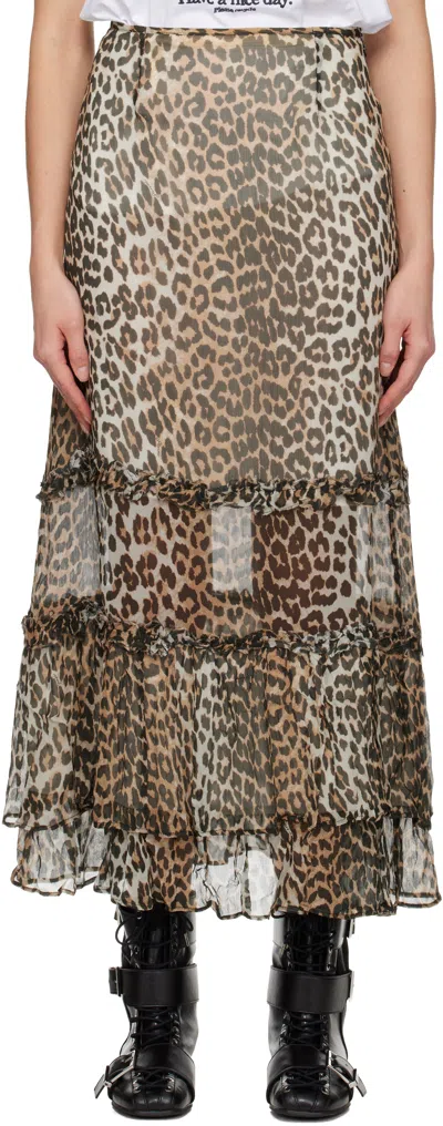Ganni Animal Print Flared Layered Leopard Skirt In Brown