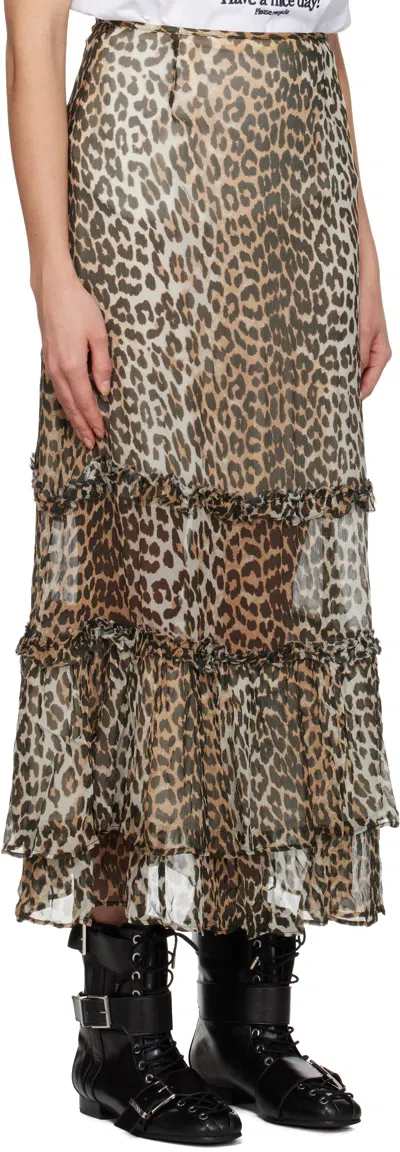 Ganni Animal Print Flared Layered Leopard Skirt In Brown