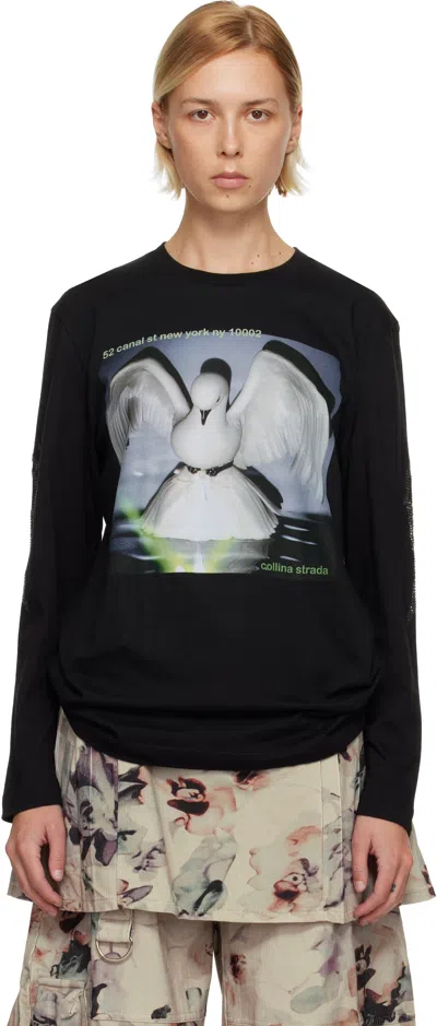 Collina Strada Black '52 Canal' L/s Rhinestone Graphic T-shirt In Black