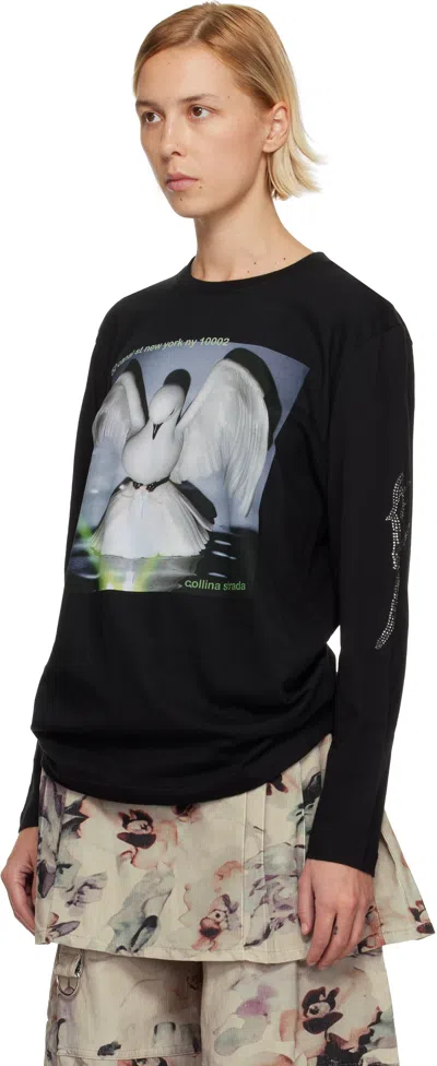 Collina Strada Black '52 Canal' L/s Rhinestone Graphic T-shirt In Black