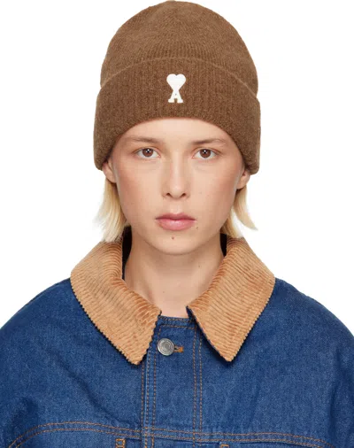 Ami Alexandre Mattiussi Brown Alpaca Striped Ami De Coeur Beanie In Black