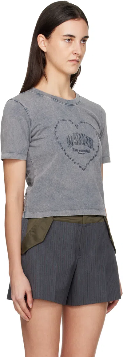 Ganni Gray Washed Heart Cropped T-shirt In Black