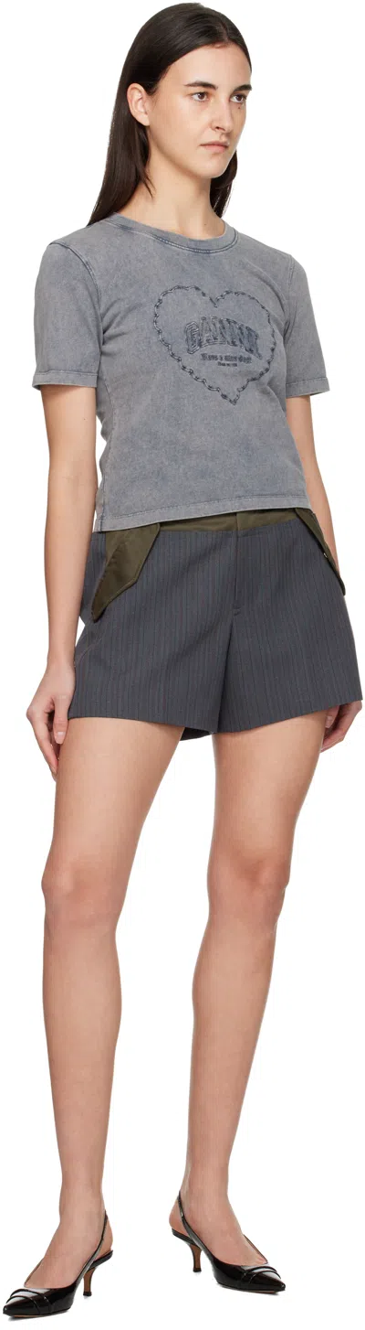 Ganni Gray Washed Heart Cropped T-shirt In Black