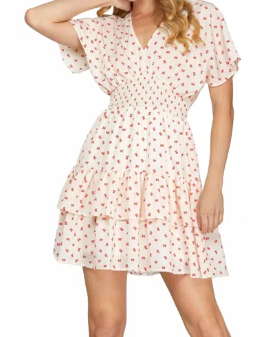 She + Sky Lila Flutter Smocked Mini Dress In Ivory/red In Multi