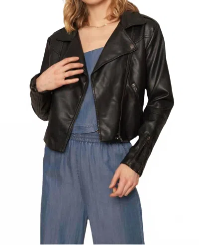 En Creme Faux Leather Moto Jacket In Black In Black