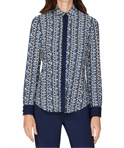 Emmelle Geometric Dot Knit Collared Tailored Blouse In Navy In Blue