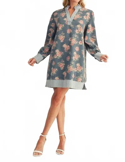 Jodifl Stripe Detail Floral Denim Dress In Blue In Gray