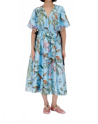 Stine Goya Textured V Neck Waist Tie Midi Dress In Mimosa In Blue