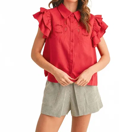 Merci Embroidered Cut Out Button Down Top In Red
