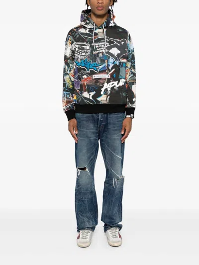 Aape Moonface Logo Graffiti Print Hoodie In Black In Black