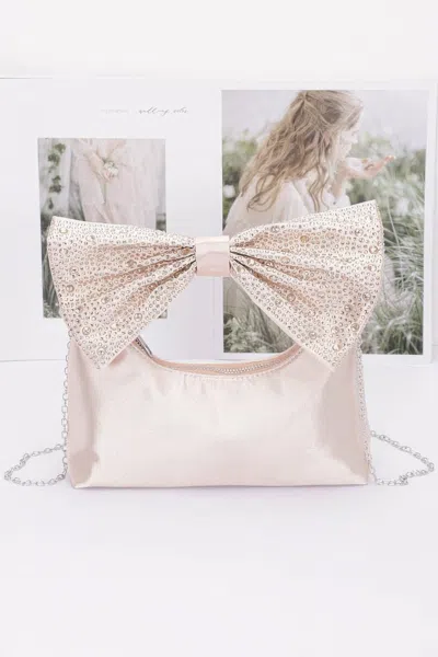 Fashnzfab Rhinestone Hotfix Bow Handle Nylon Clutch In Sand