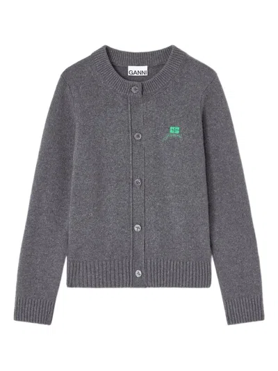 Ganni Cardigan With Logo In Gray