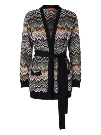Missoni Relaxed Fit Cardigan With Belt And Chevron Pattern In Black