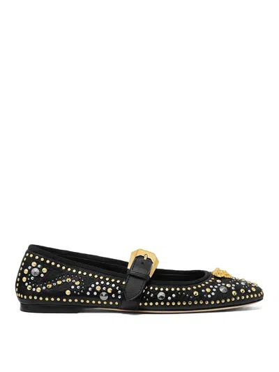 Versace Black Ballerinas With Studs Application And Buckle Closure In Leather Woman In Black