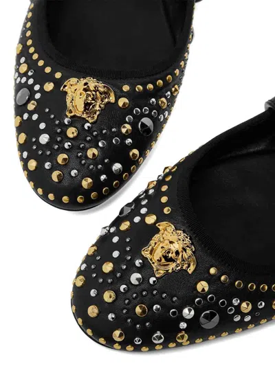 Versace Black Ballerinas With Studs Application And Buckle Closure In Leather Woman In Black