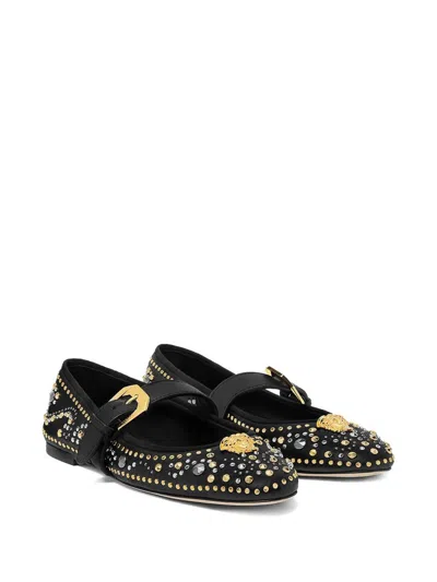 Versace Black Ballerinas With Studs Application And Buckle Closure In Leather Woman In Black