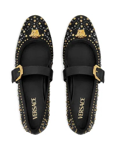 Versace Black Ballerinas With Studs Application And Buckle Closure In Leather Woman In Black