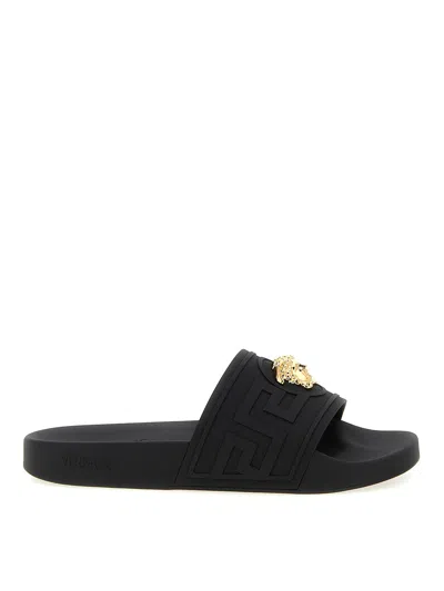 Versace Black Sandals With Medusa Plaque On The Front In Tech Fabric Man In Black