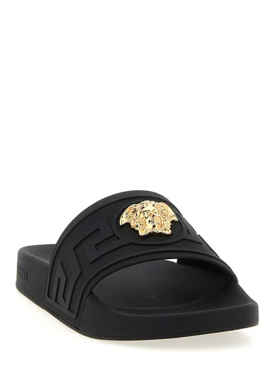 Versace Black Sandals With Medusa Plaque On The Front In Tech Fabric Man In Black