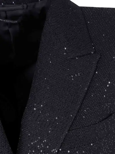 Tom Ford Sequined Wool Blend Crepe Double Breasted Coat In Black