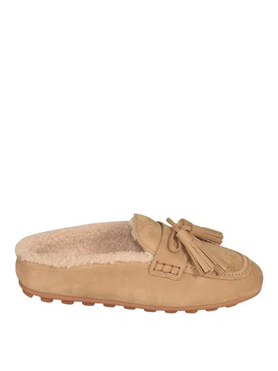 Hogan H693 Shearling-lined Leather Mules In Nude