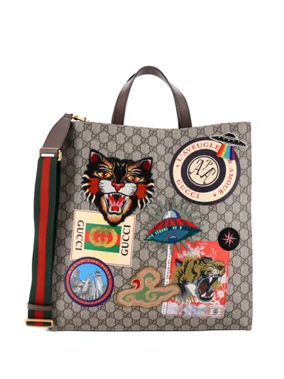 Pre-owned Gucci Courrier Convertible Soft Open Gg Coated Canvas With Applique North South Tote Bag In Brown
