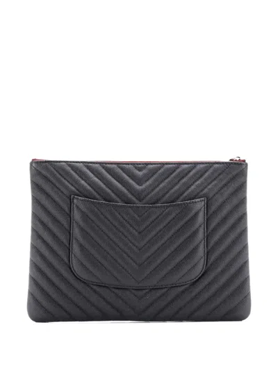 Pre-owned Chanel O Case Chevron Caviar Medium Clutch Bag In Black