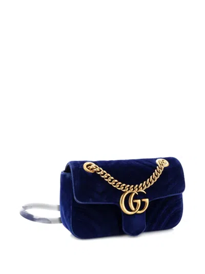 Pre-owned Gucci Gg Marmont Flap Bag Matelasse Velvet Mini Shoulder Bag In Blue