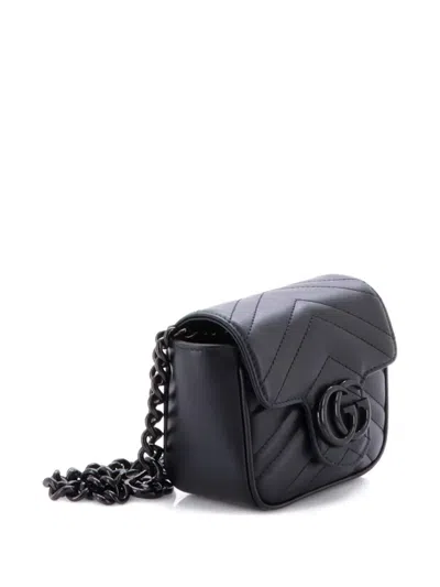 Pre-owned Gucci Gg Marmont Flap Matelasse Leather Mini Belt Bag In Black