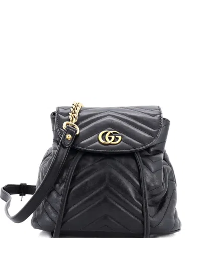 Pre-owned Gucci Gg Marmont Drawstring Matelasse Leather Mini Backpack In Black