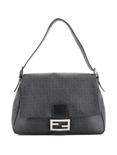 Pre-owned Fendi Mama Forever Bag Zucchino Coated Canvas Shoulder Bag In Black