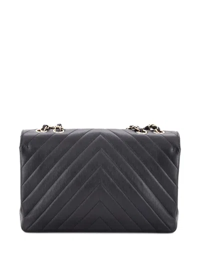 Pre-owned Chanel Statement Flap Bag Chevron Calfskin Medium Shoulder Bag In Black