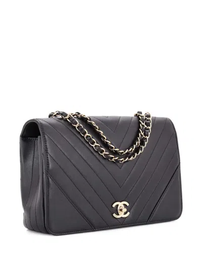 Pre-owned Chanel Statement Flap Bag Chevron Calfskin Medium Shoulder Bag In Black