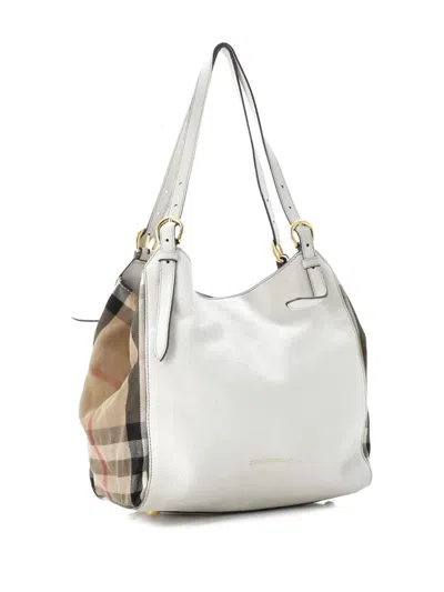 Pre-owned Burberry Canterbury Leather And House Check Canvas Small Tote Bag In Neutral