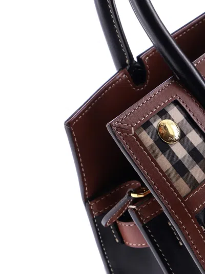 Pre-owned Burberry Title Two Handle Tote Leather With Vintage Check Canvas Mini Satchel In Black