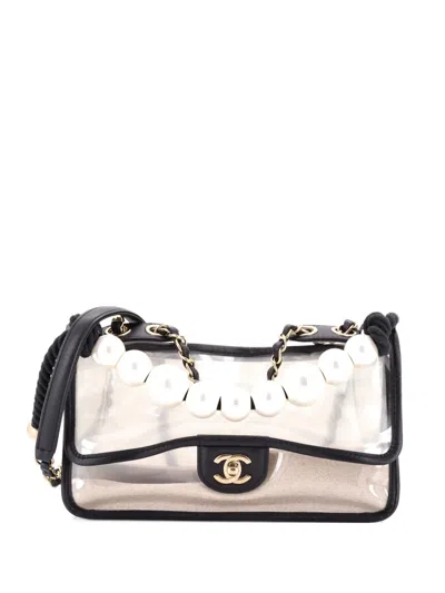 Pre-owned Chanel Sand By The Sea Pearl Flap Bag Pvc With Lambskin Medium Shoulder Bag In Black