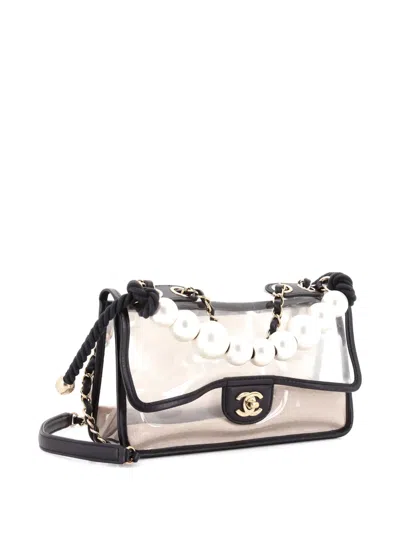 Pre-owned Chanel Sand By The Sea Pearl Flap Bag Pvc With Lambskin Medium Shoulder Bag In Black